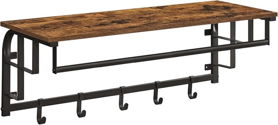 Vasaga Wandkast met Kapstok en Opbergrek – 5 Haken – 80x30x27 cm – Industrieel Design – Wandmeubel voor Hal Badkamer of Woonkamer – Walnootbruin Zwart – VASAGLE LCR102B01