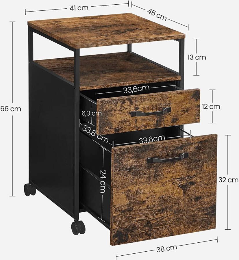 Vasagle A.T. Shop Rolcontainer archiefkast met 2 laden mobiele kantoorkast met wielen open vak hangmap stabiel stalen frame industrieel design vintage bruin-zwart