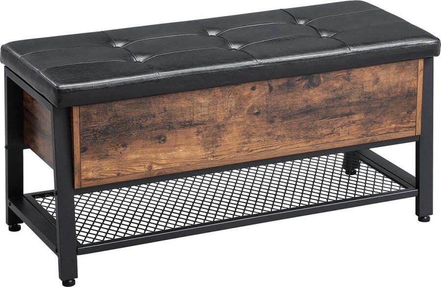 Vasagle Schoenenbank Zitbank met Gewatteerde Zitting en Schoenenrek Bedkist met Opbergruimte Multifunctionele Kist Gang Slaapkamer Kunstleer Industrieel Design Vintagebruin-Zwart LSB47BX - Foto 3