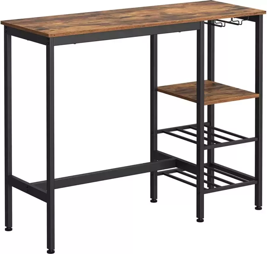 Bartafel statafel 110 x 40 x 90 cm met houders voor wijnglazen en flessen keukentafel voor woonkamer keuken industrieel design vintage bruin-zwart LBT013B01