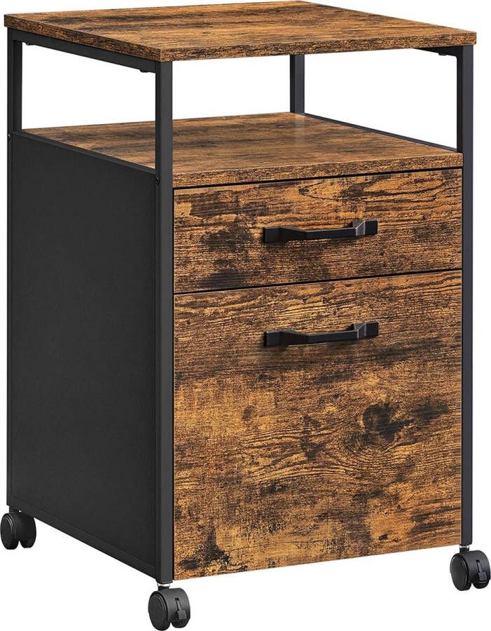 Vasagle bestekkast met 2 laden verrijdbare kantoorkast verrijdbaar onderstel open compartiment hangdossier stabiel stalen frame industrieel ontwerp vintage bruin-zwart ofc71x