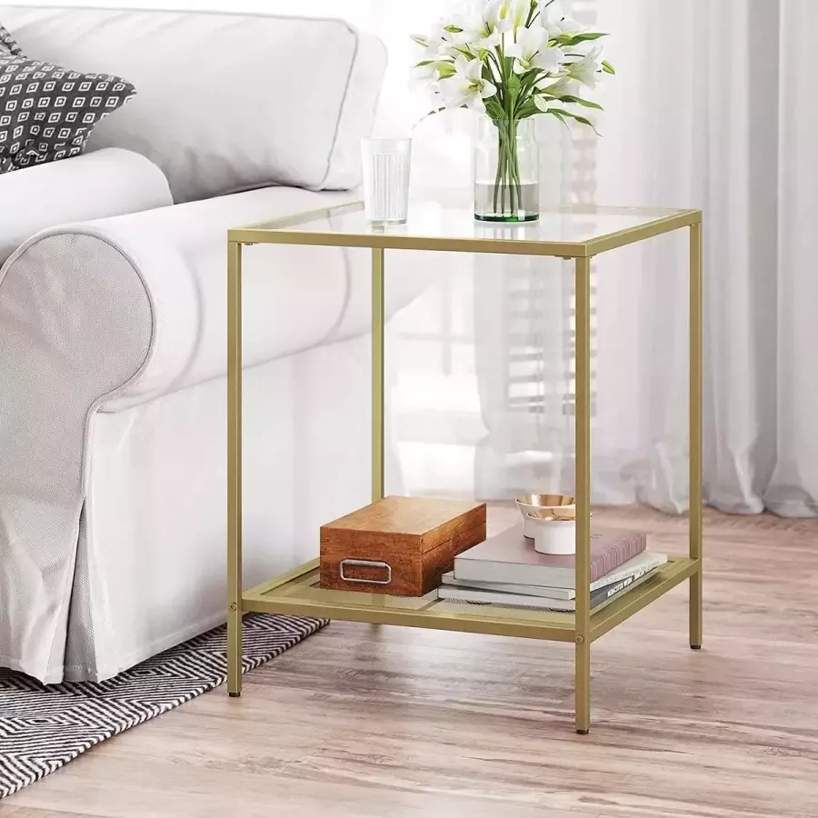 Vasagle Bijzettafel salontafel met 2 niveaus gemaakt van gehard glas stabiel met metalen frame rasterplank voor woonkamer slaapkamer goudkleurig spandoek LGT030A01