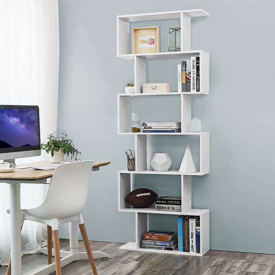 Vasagle Boekenkast met 6 niveaus vrijstaand kantoorplank decoratieve plank voor presentatie modern voor woonkamer slaapkamer kantoor wit LBC61WT