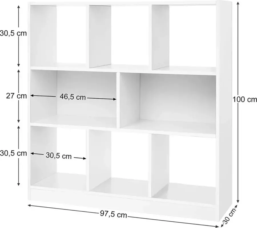Hoppa! VASAGLE boekenkast scheidingswand plank houten plank met open vakken vitrine voor woonkamer slaapkamer kinderkamer en kantoor 97 5 x 100 x 30 cm (B x H x D) wit