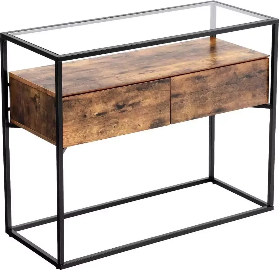 Vasagle console tafel in industrieel ontwerp stabiele console glastafel met 2 laden dressoir gangtafel bijzettafel lounge foyer vintage bruin-zwart