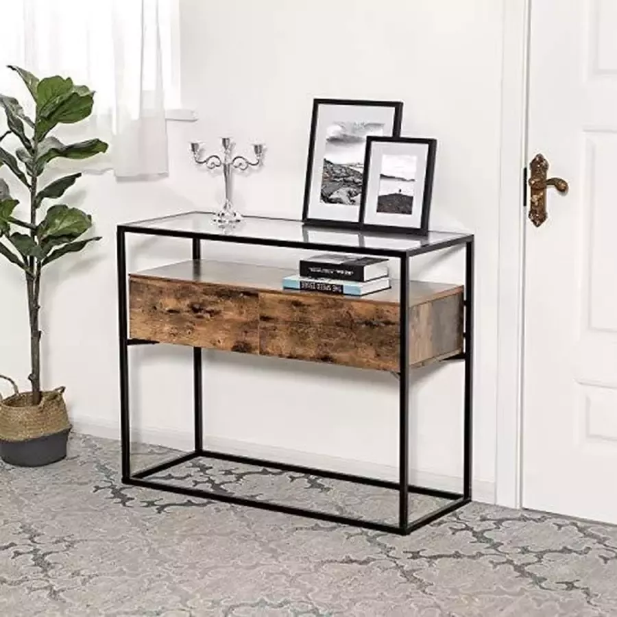 Vasagle Industriële consoletafel Tafel van gehard glas met 2 laden en rustieke plank Decoratief dressoir Woonkamer of Gang Stabiel ijzeren frame