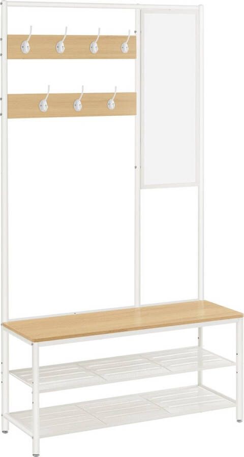 Vasagle kapstok garderobe kapstok met haken spiegel bank 35 x 98 x 180 cm voor entree slaapkamer woonkamer modern eikenkleurig wit