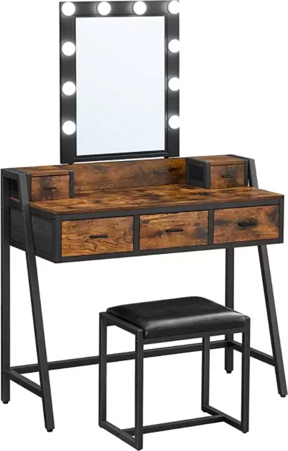 Kaptafel cosmeticatafel met krukje 10 LED lampen regelbare helderheid spiegel voor slaapkamer kleedkamer industrieel ontwerp vintage bruin-zwart RVT015B01