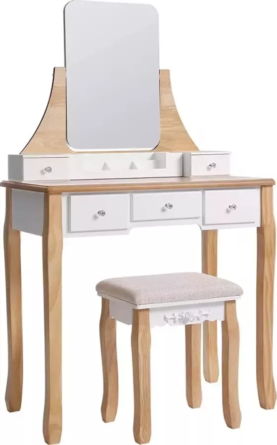 Vasagle kaptafel met roterende spiegel zonder frame cosmetische tafel kaptafel voor make-up met voetenbank 5 laden verplaatsbare opbergdoos natuurlijk wit RDT25K