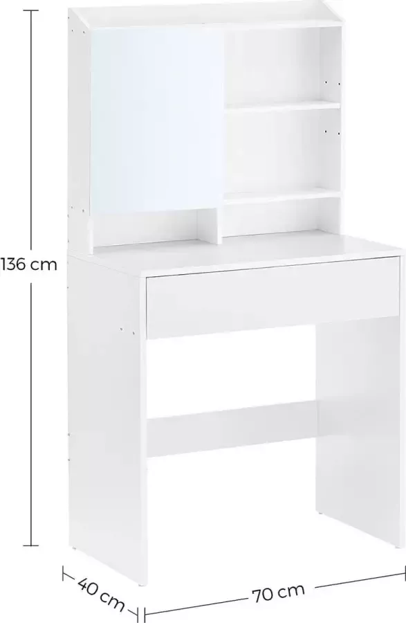 Vasagle kaptafel met spiegel en een lade cosmeticatafel verstelbare planken modern 70 x 40 x 136 cm wit RDT118W01