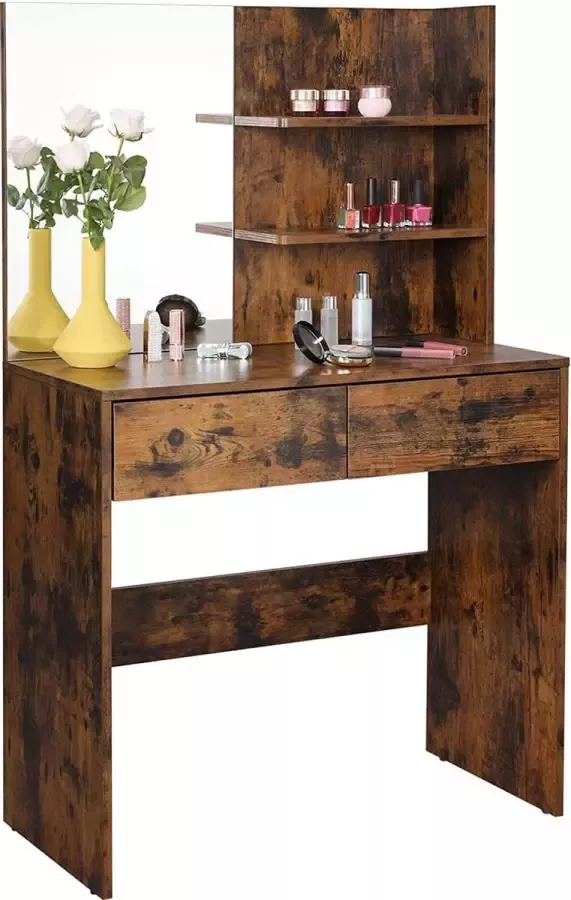 Kaptafel met spiegel- make up tafel -make up tafel met spiegel -80 x 40 x 132 cm-Vintage bruin-toilettafel