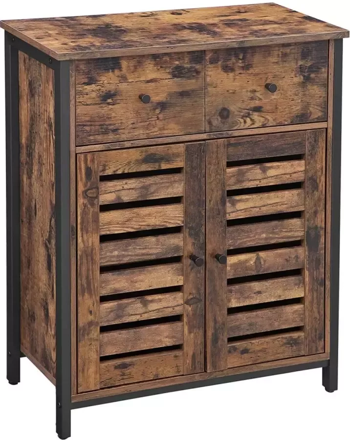 Vasagle kast dressoir met plank en lade keukenkast met lamellen deuren woonkamer slaapkamer studeerkamer kantoor hal industrieel ontwerp vintage bruin-zwart