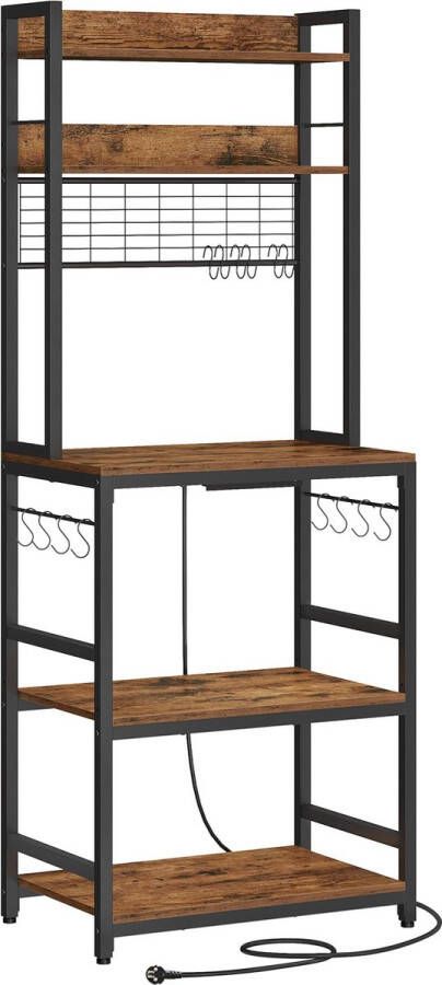 Vasagle Keukenrek staand rek met stopcontacten magnetronrek met roosterplaat 14 haken 40 x 80 x 170 cm vintagebruin-zwart