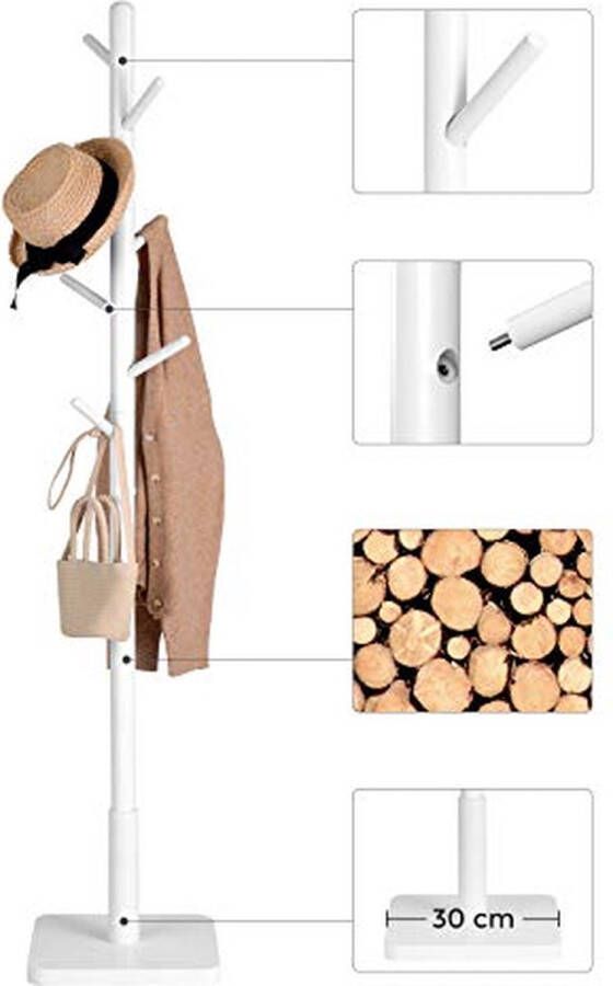 Vasagle Massief houten kapstok 8 haken voor jassen hoeden tassen entree hal wit
