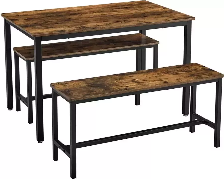 Vasagle meubelexpert A.T. Shop Eettafel tafelset 110 x 70 x 75 cm met 2 banken van elk 97 x 30 x 50 cm metalen frame voor keuken woonkamer keuken eetkamer industrieel design vintage bruin-zwart KDT070B01