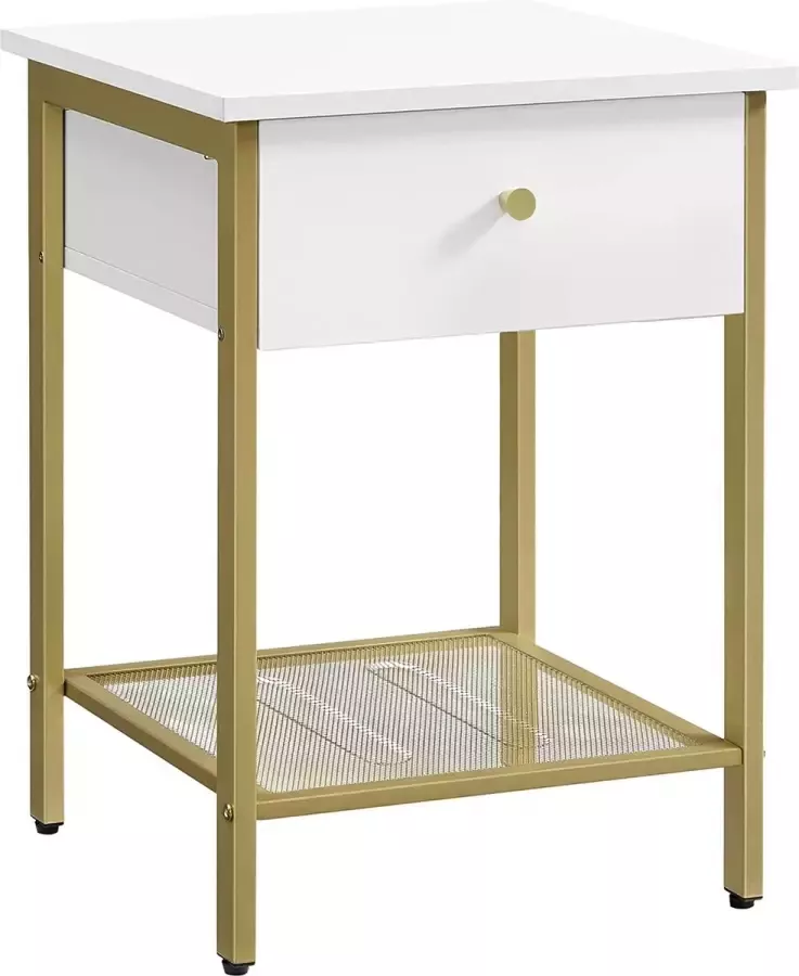 Vasagle nachtkastje bijzettafeltje met lade en traliewerkblad voor slaapkamer woonkamer modern wit-goud LET512A10