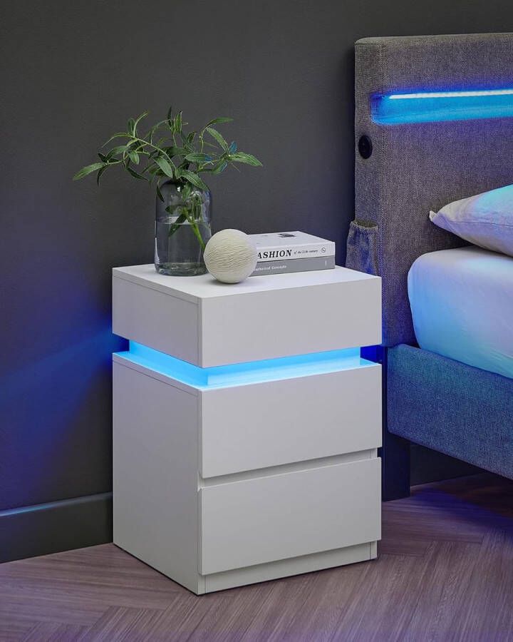 Vasagle Nachtkastje met ledverlichting bijzettafel verstelbare kleuren sofatafel 3 laden nachtkastje voor slaapkamer modern 35 x 40 x 55 cm wit HMET630T10