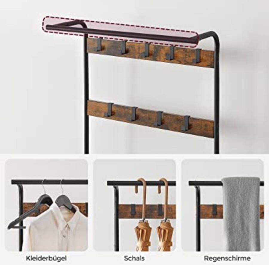 Vasagle Rustieke kapstok met opbergbank voor schoenen 4-in-1 ontwerp 9 haken kledingstang