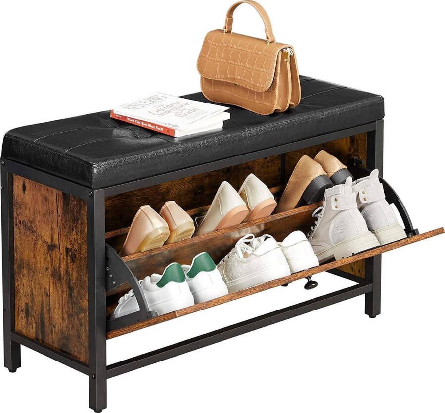 Vasagle Schoenbank gewatteerde schoenorganisatie met klep schoenenkast voor 6 paar schoenen stalen frame industrieel ontwerp vintage bruin-zwart