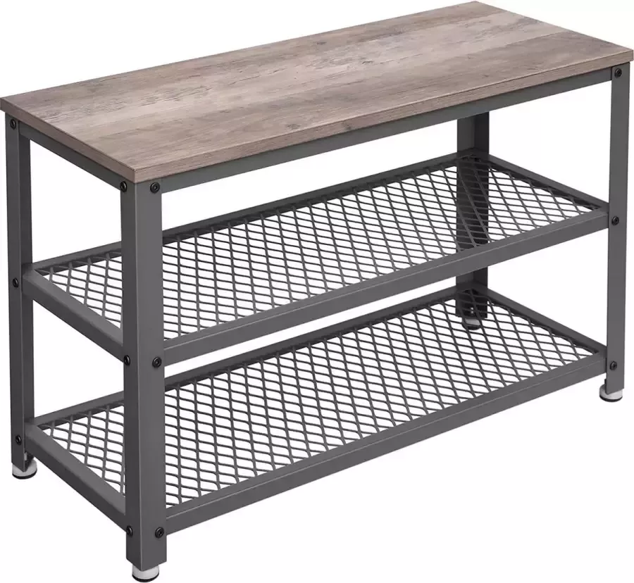 Schoenenrek om op te zitten met 3 niveaus metalen frame voor entree hal woonkamer industrieel design houtlook grijs-grijs