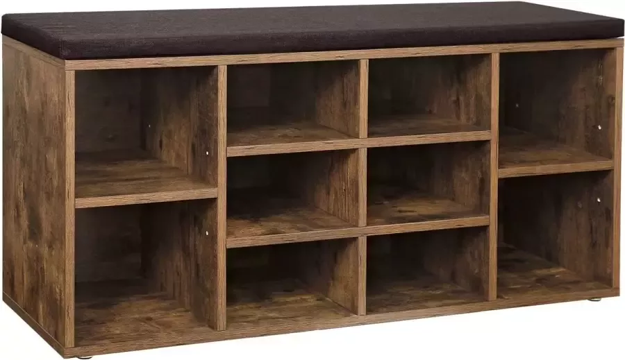 ZAZA Home Schoenenkast Schoenrek Schoenenbank Zitbank 10 Open Vakken Met Zitkussen Bruin Vintage
