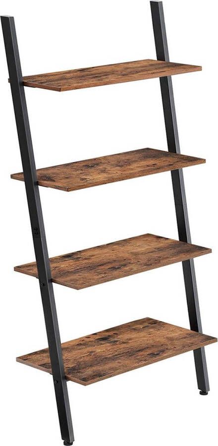 Vasagle Staand rek ladderrek wandrek met 4 niveaus boekenkast aanzetrek woonkamer keuken kantoor staal stabiel schuin aan de muur industrieel design vintage bruin zwart LLS43BX