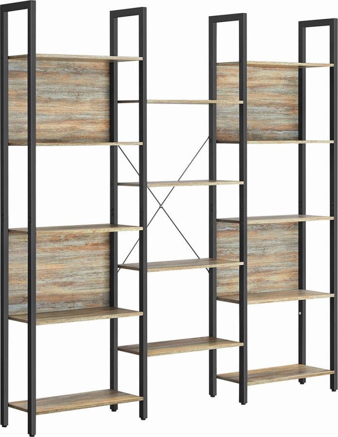 Vasagle Boekenkast 14-vaks staande boekenkast plank met metalen frame voor woonkamer studeerkamer kantoor industrieel ontwerp 24 x 158 x 166 cm eikenkleur met blauwe nerf-zwart