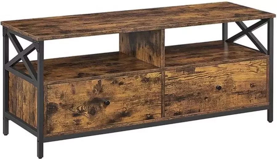 Vasagle TV-meubel TV-tafel lowboard voor TV's tot 55 inch met 2 laden 2 open vakken 120 x 40 x 50 cm voor woonkamer stalen frame vintage bruin-zwart