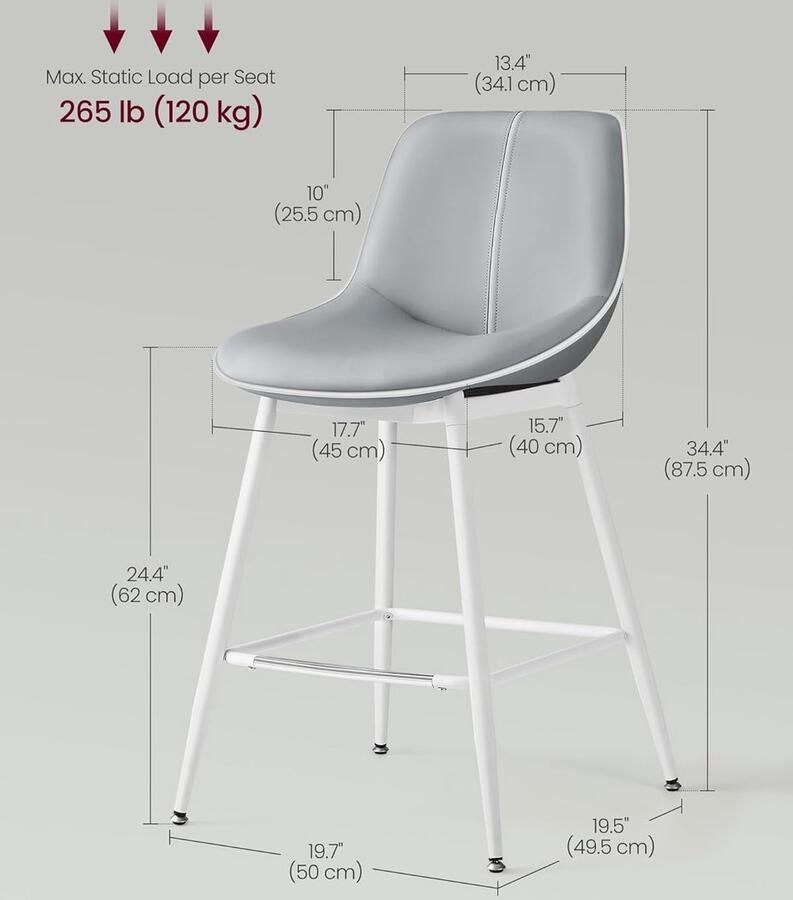 Vasagle 2x barkruk set van 2 zithoogte 62 cm hoog met rugleuning wit met grijs