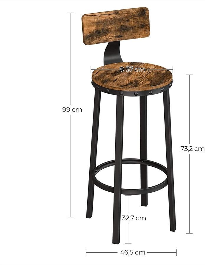 Vasagle Barkruk 2-delige set barstoelen keukenstoelen met stevig metalen frame zithoogte 73 2 cm eenvoudige montage industrieel design vintage bruin-zwart HMLBC026B01