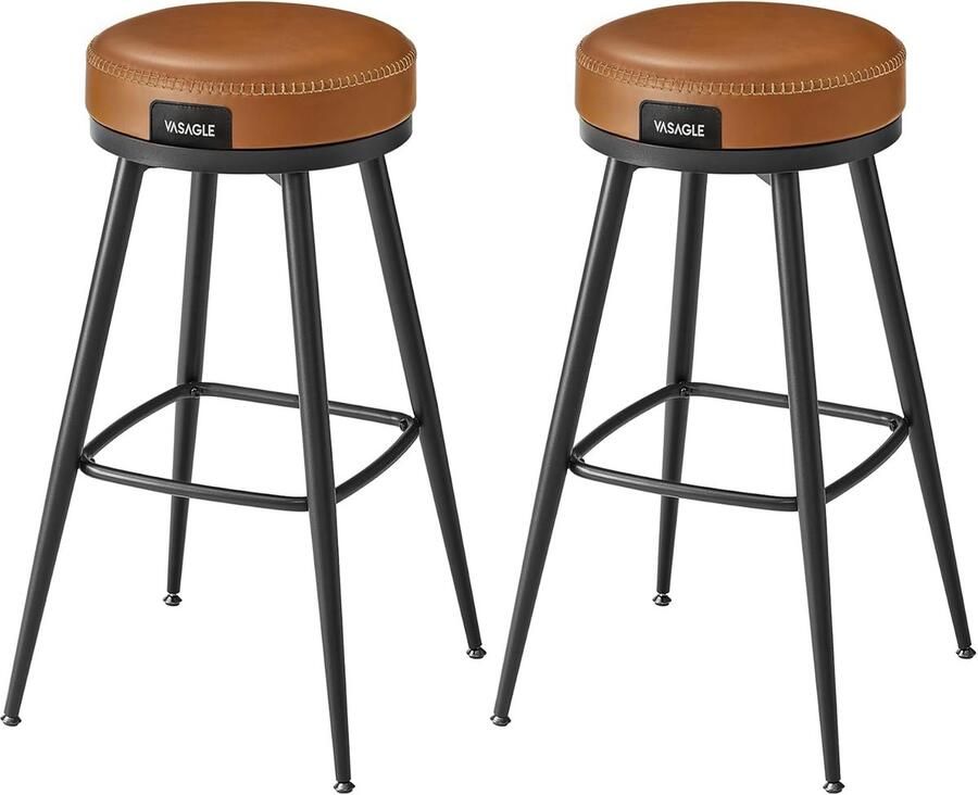Vasagle Barkruk 360° draaibare barkruk set van 2 kruk voor bartafel kunstleer met naden Mid-Century-moderne stijl 76 cm hoog keuken huisbar karamelbruin