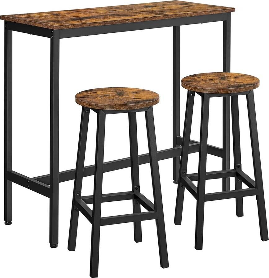 Vasagle Bartafel en stoelenset keukenbartafel met barkrukken set van 2 industrieel stalen frame eettafelset bruin & zwart