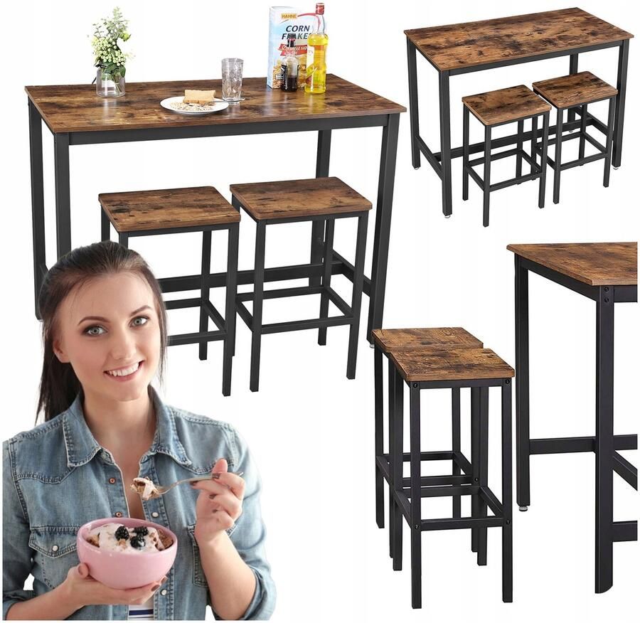 Vasagle Bartafel-set statafel met 2 barkrukken keukenbar met barstoelen keukentafel en keukenstoelen in industrieel design voor in de keuken 120 x 60 x 90 cm vintage donkerbruin - Foto 3