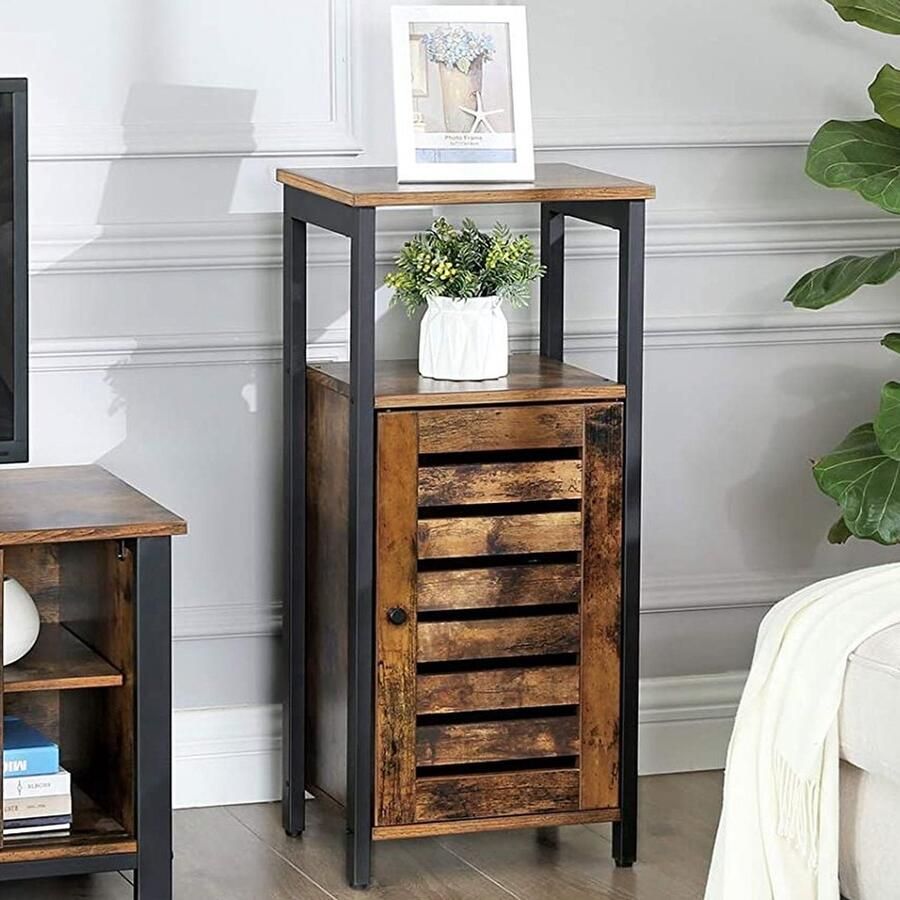 Vasagle Bijzetkastje Lance 37cm 1 legplank 1 deur rustiek bruin zwart