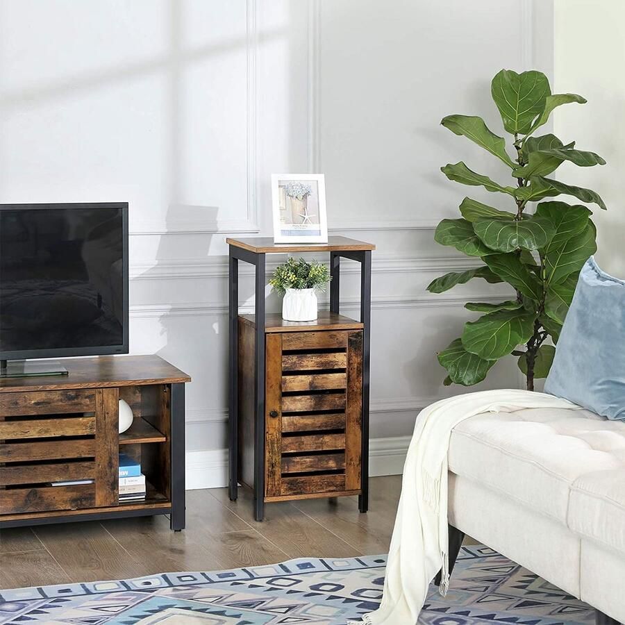 Vasagle Bijzetkastje Lance 37cm 1 legplank 1 deur rustiek bruin zwart - Foto 3