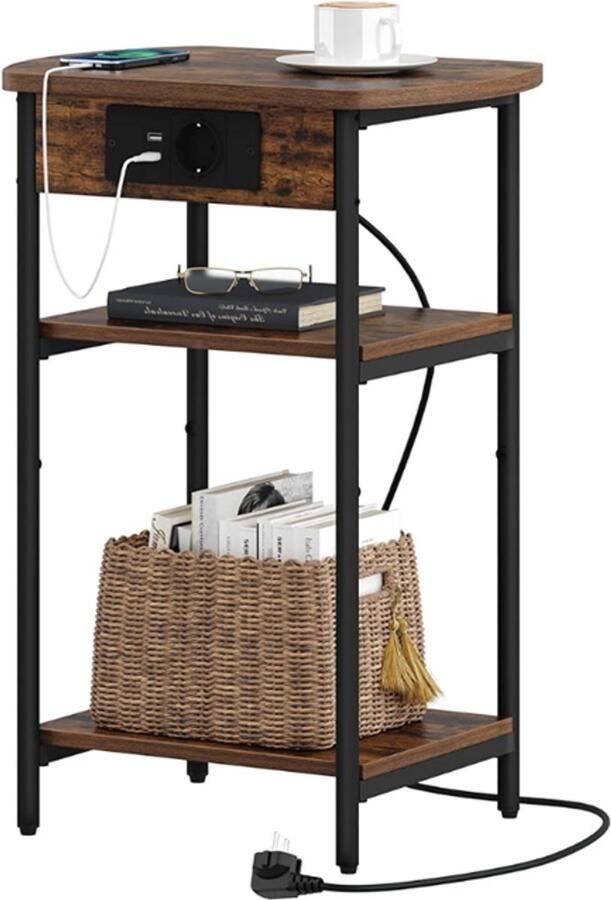 Vasagle Bijzettafel met Stopcontact & USB – Nachtkastje Industrieel – 2 AC-poorten 2 USB-poorten 30x34x58 cm Hout & Metaal Bruin – Voor Slaapkamer & Woonkamer