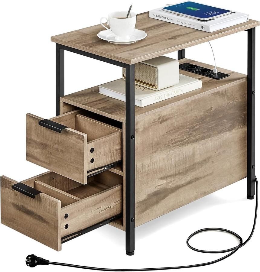 Vasagle Bijzettafel nachtkastje met stekkerdoos 2 laden banktafel nachtkastje voor woonkamer slaapkamer camelbruin-inktzwart