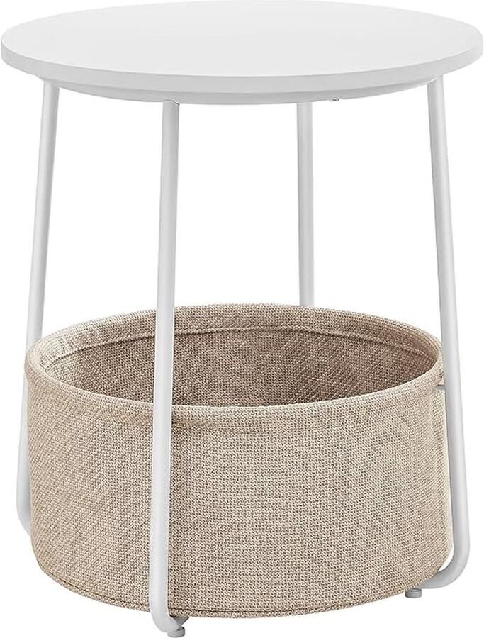‎VASAGLE Bijzettafel ronde bijzettafel met stoffen mand ruim voor woonkamer slaapkamer nachtkastje moderne stijl wit en beige