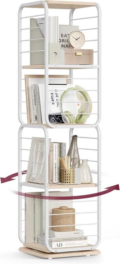Vasagle Boekenkast 4 niveaus draaibaar rek met boekensteunen staand rek voor kleine ruimtes opbergrek hoekrek stalen frame naturel-beige-wolkenwit