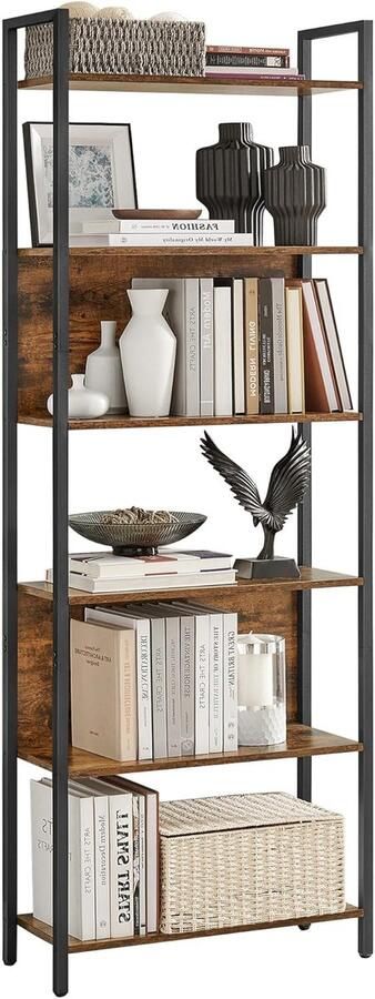 Vasagle boekenkast open kast -186 cm hoog 6 planken industriële stijl bruin en zwart