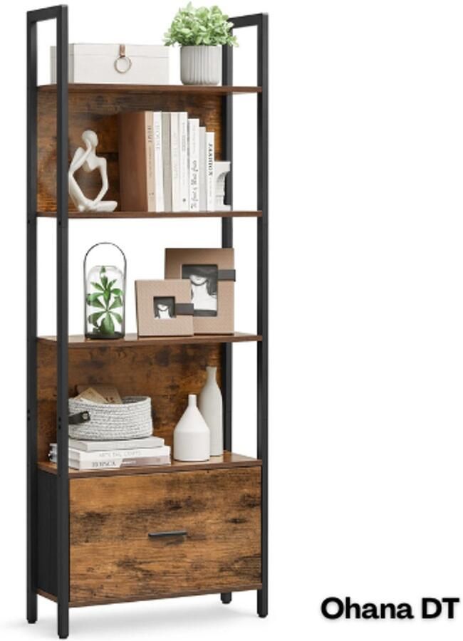 Vasagle Boekenkast Open Kast Industrieel 60×24×165 CM 5 Niveaus 1 Lade 20KG Draagvermogen Kantelbeveiliging Bruin