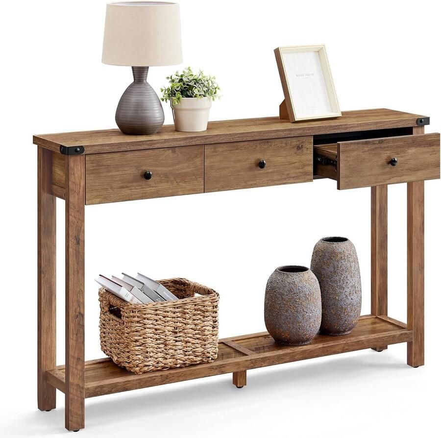 Vasagle Console-tafel smalle haltafel met 3 lades open opbergplank metalen hoeken voor woonkamer boerderijstijl honingbruin