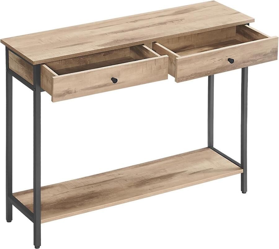 Vasagle Consoletafel ingangstafel bankpunt met 2 laden stalen frame voor entree slaapkamer woonkamer industriële stijl camelbruin en inktzwart