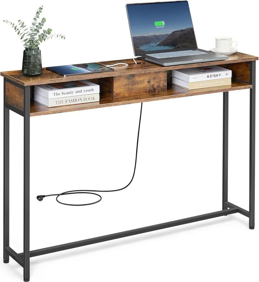 ‎VASAGLE Consoletafel met stopcontacten bijzettafel met 2 vakken smal 25 x 120 x 81 cm vintage bruin-inktzwart