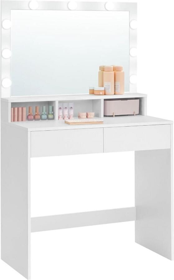 Vasagle CozyLiving Moderne Witte Make-up tafel met Dimbare LED Verlichting Kaptafel met Spiegel 2 Laden en Aanpasbare Planken Stijlvolle Opslag voor Make-up Verborgen Kabels Wit