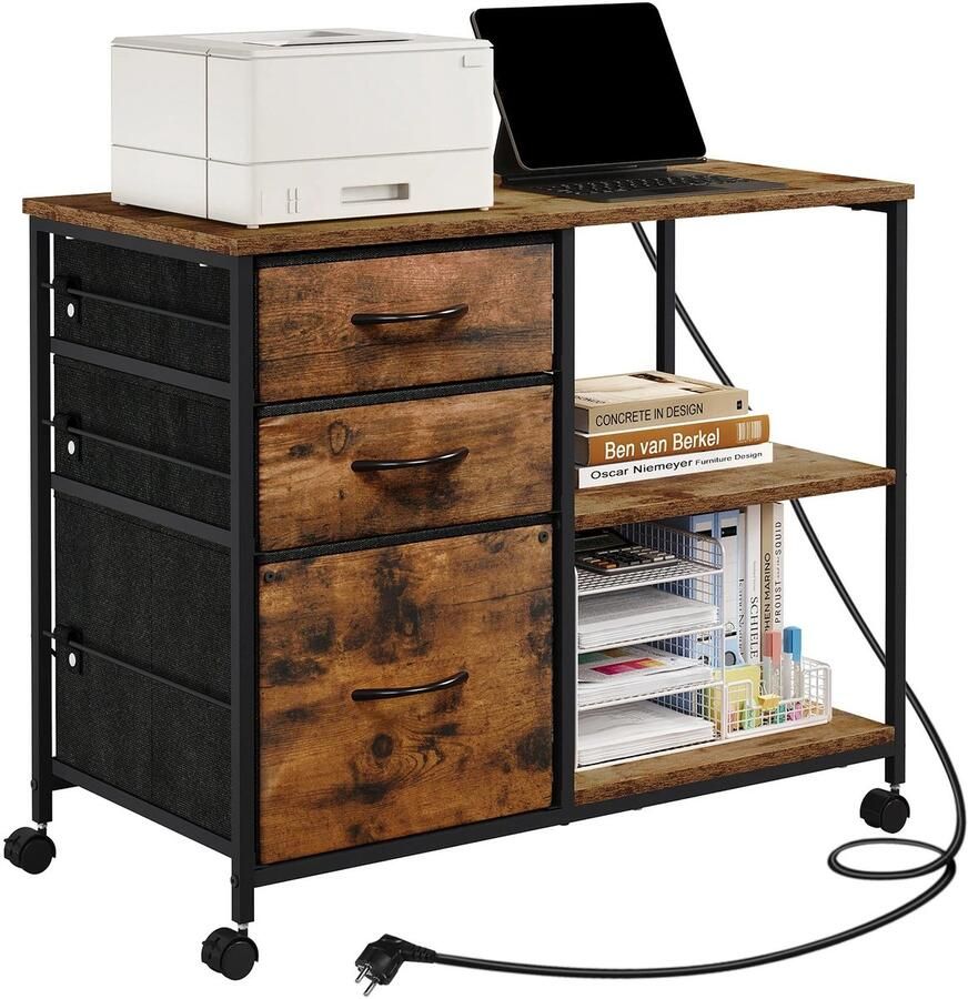 Vasagle Dressoirtafel Opbergkast op Wielen Met Oplaadstation Haltafel Tv Tafel Dressoir Kast Vintage Industrieel 3 Lades