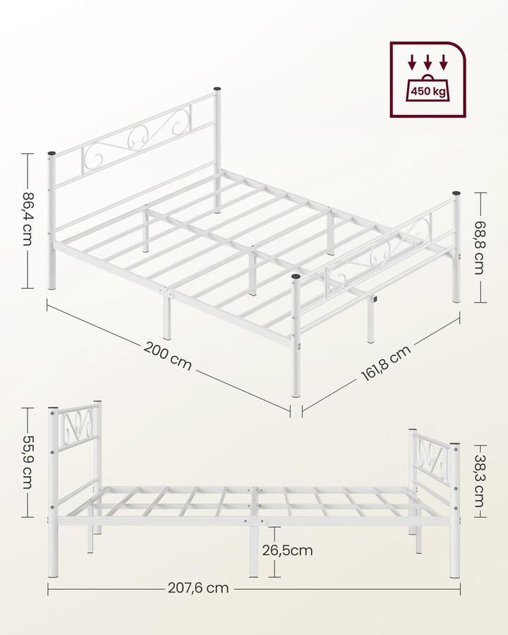Vasagle Dubbel bedframe metalen bedframe voor matras van 160 x 200 cm logeerbed eenvoudige montage voor kleine kamers wit