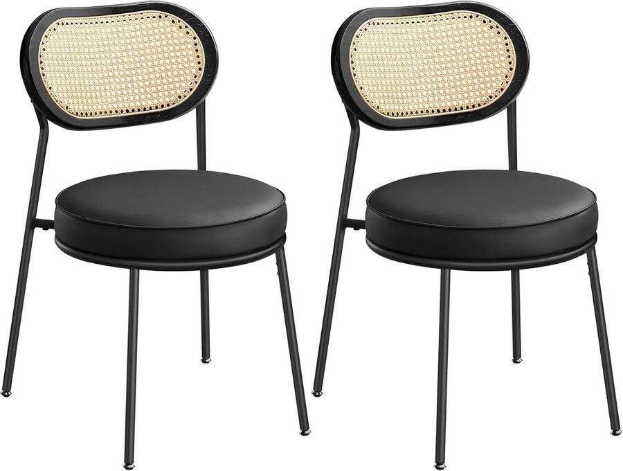 Vasagle Eetkamerstoelen set van 2 eetkamerstoelen met Boho PE-rotan rugleuning kunstleren accentstoelen voor keuken en woonkamer inktzwart