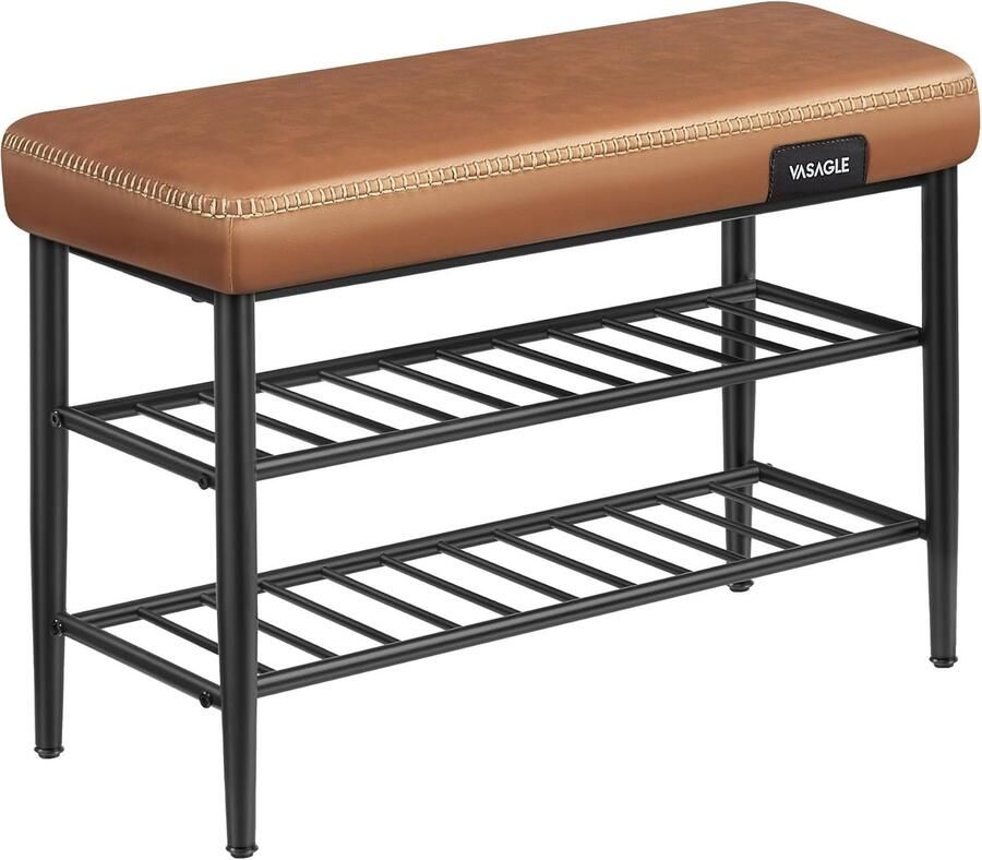 Vasagle EKHO Collectie Schoenenbank opbergbank gangmeubilair PU met stiksels moderne stijl uit het midden van de eeuw belasting 135 kg 30 x 80 x 50 cm karamelbruin