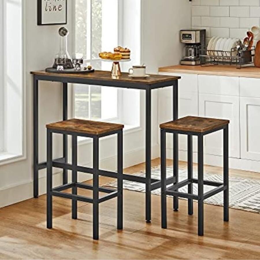 Vasagle EMOB Barmeubelset Bartafel en barkrukken Rustiek bruin-zwart Eettafels met stoelen Bruin; Zwart Metaal; Spaanplaat Eettafels met stoelen Op voorraad